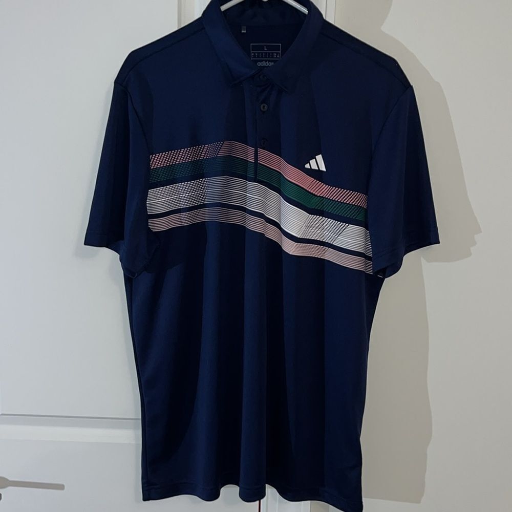 Blue Adidas Multi Stripe Men’s Polyester Golf Polo Shirt L 🏌️♀️